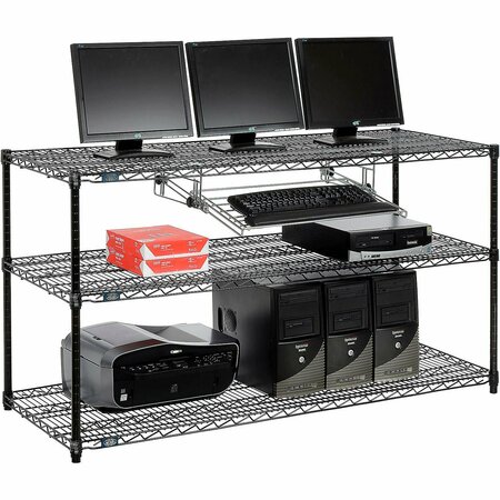 NEXEL 3-Shelf Wire Computer LAN Workstation with Keyboard Tray, 60inW x 24inD x 34inH, Black 695376BK